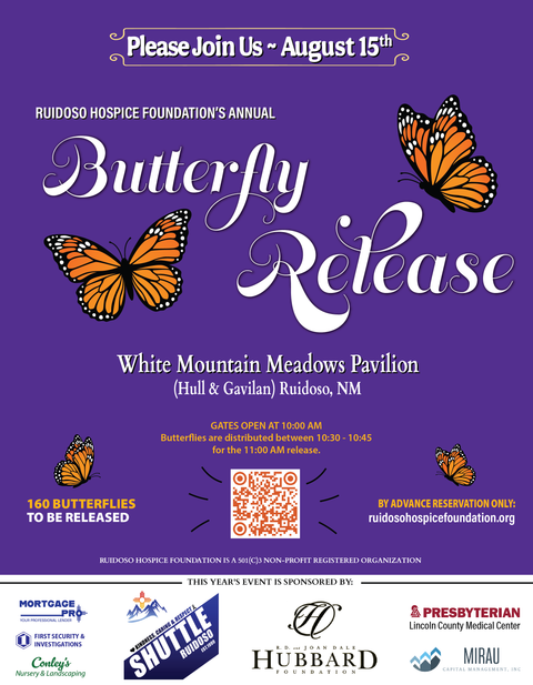 Butterfly Release 2026 flyer: Saturday, August 15, 2026, White Mountain Meadows Pavilion, gates open 10:00 AM, release at 11:00 AM. By advance reservation only.