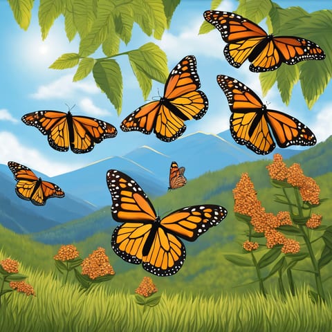 Monarch butterflies over a mountain meadow